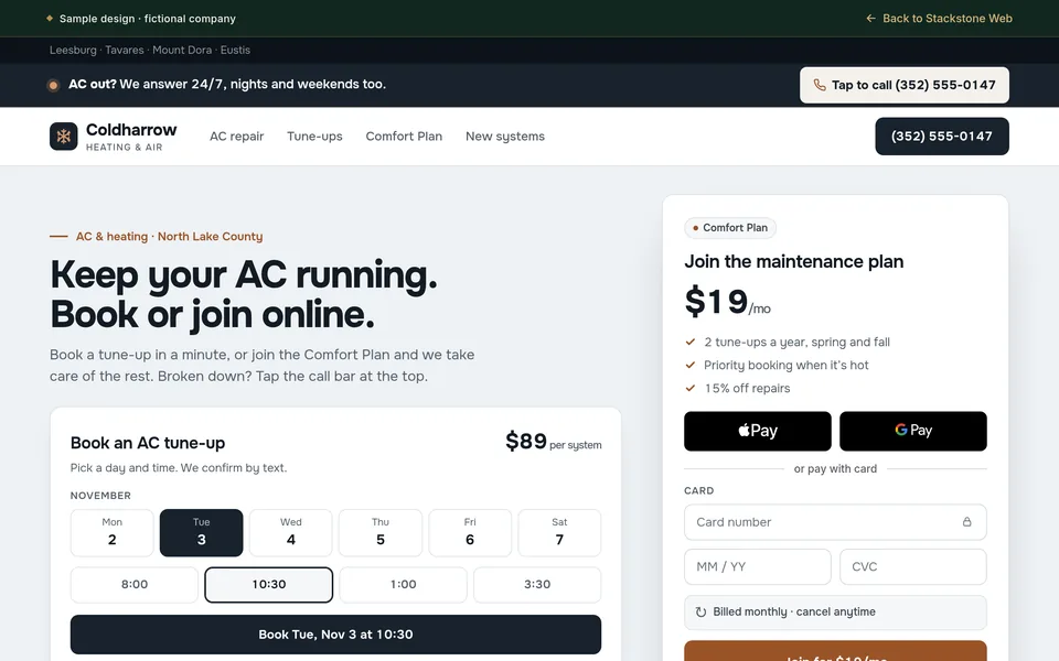 Screenshot of a sample homepage for Coldharrow Heating & Air, a fictional HVAC company
